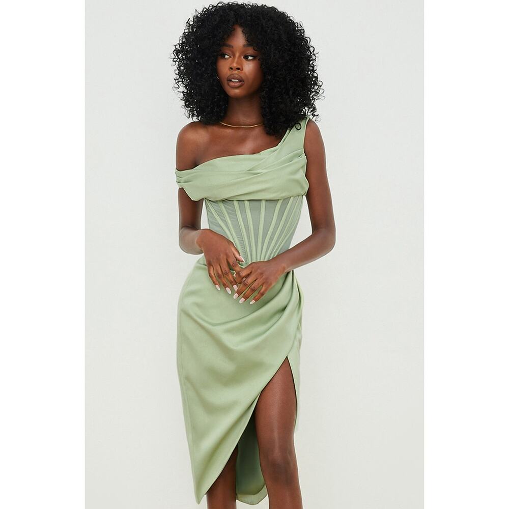 House of CB Olive Green Asymmetric Midi Dress